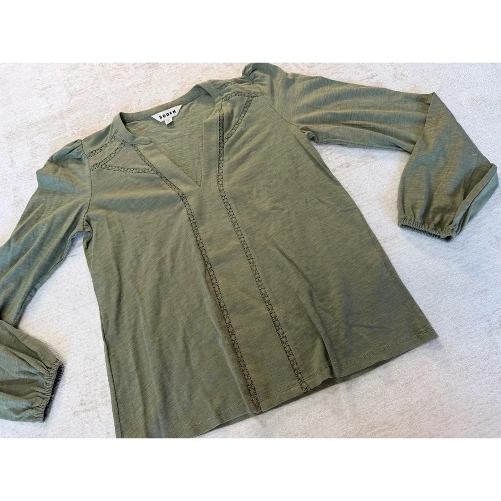 Boden Olive Green Cotton Slub Lace Trim V-Neck Puff Sleeve Top US 2 T2079
